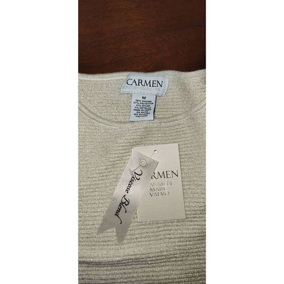 Carmen Marc Valvo Womens Ivory/Soft Gold Lurex Metallic Pullover Sweater NWT Siz - Picture 7 of 14